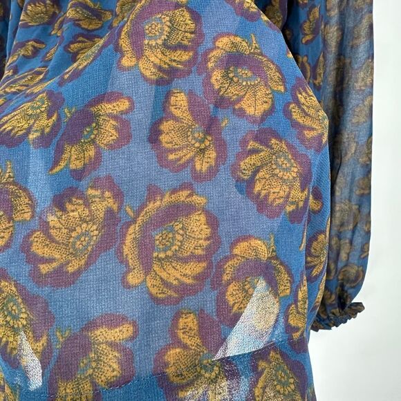 LOFT XS Floral Smocked Blouse Blue Mustard Purple Yoke Keyhole EUC‎ Flowy Fall - Picture 3 of 9